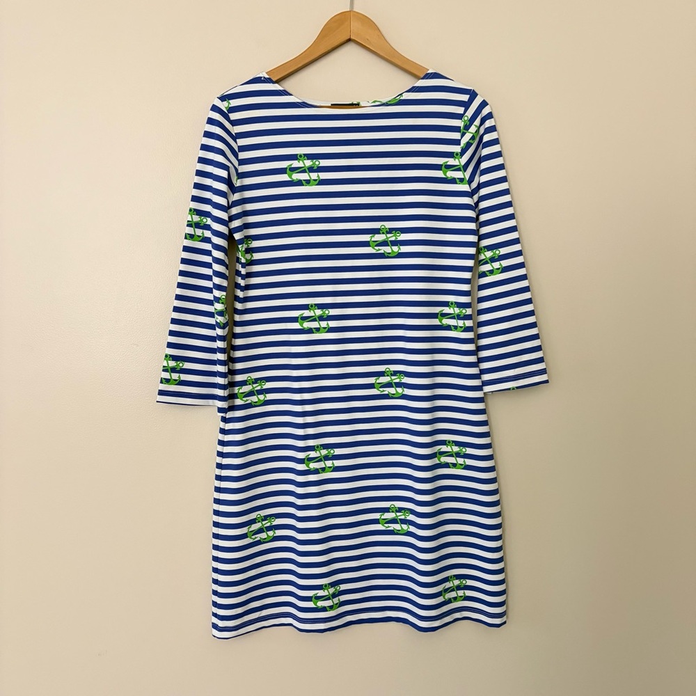 Melly M Nautical Stripe Anchor Dress 3/4 Sleeve Boat Neck Size M Made in USA - Picture 3 of 9